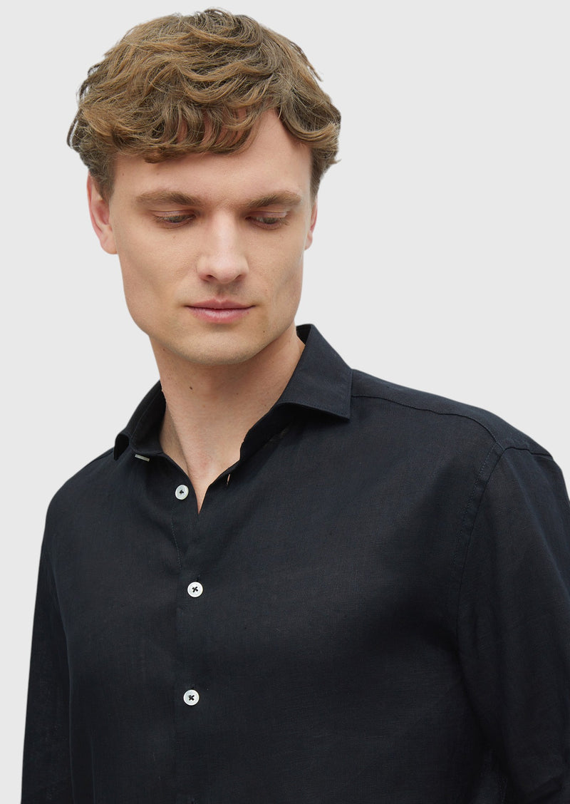 Siyah Düz Casual Fit Uzun Dokuma Casual %100 Keten Gömlek