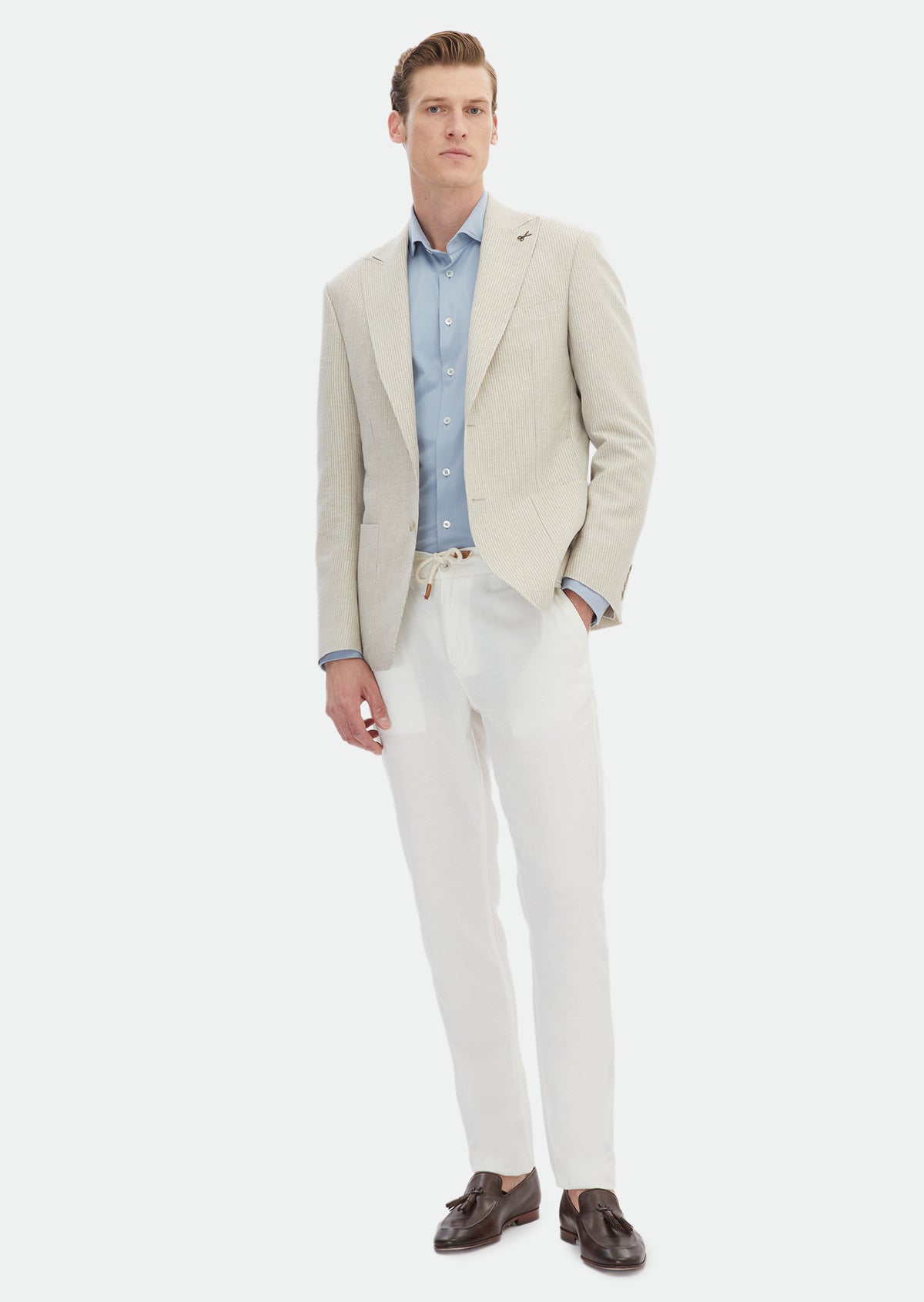 Bej Çizgili Zeroweight Slim Fit Pamuk Karışımlı Ceket