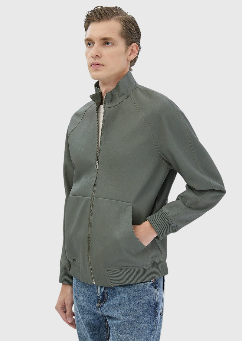 Açık Yeşil Regular Fit Dik Yaka Casual Süet Deri Mont