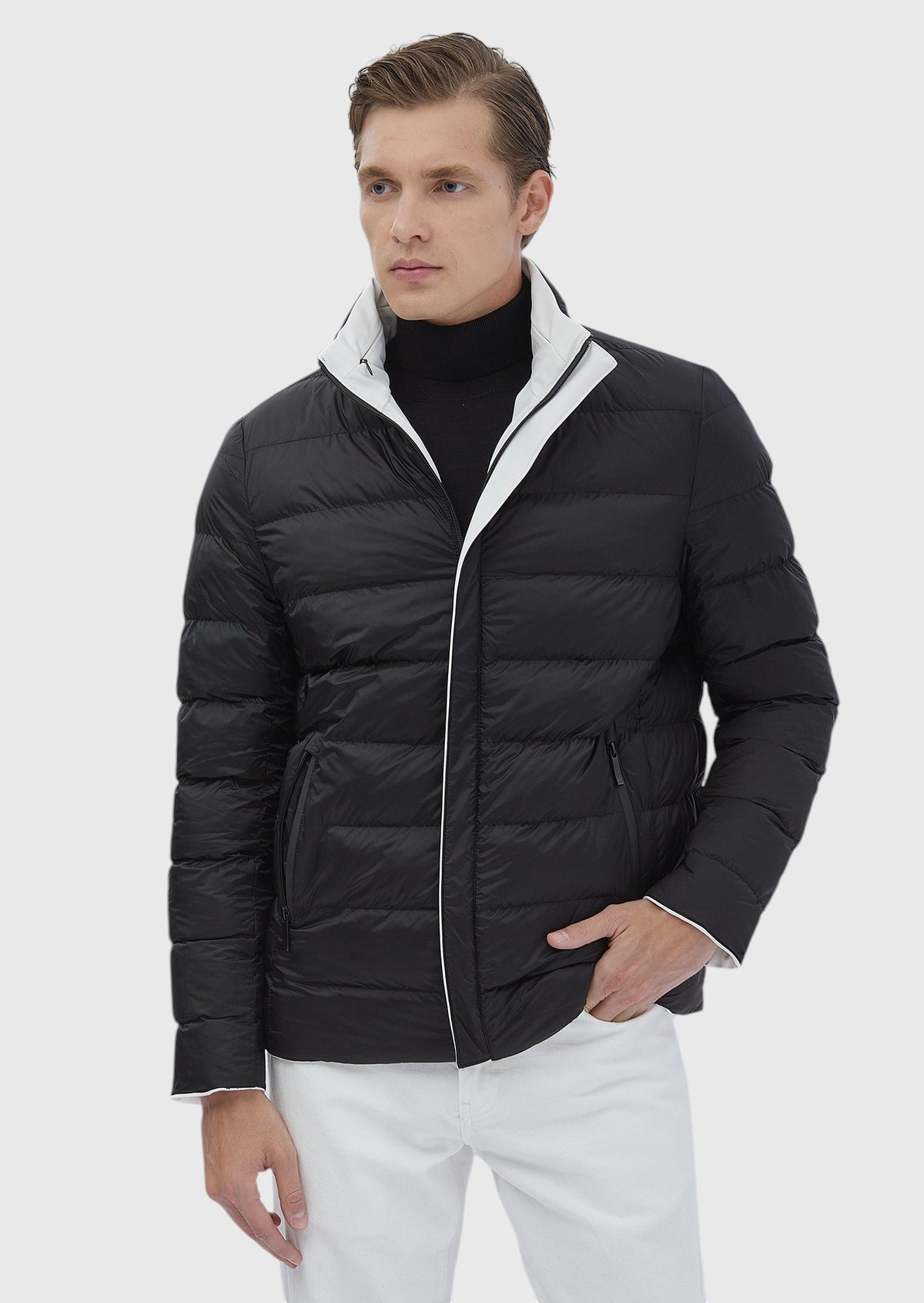 Beyaz Regular Fit Dik Yaka Casual Dokuma Çift Taraflı Mont