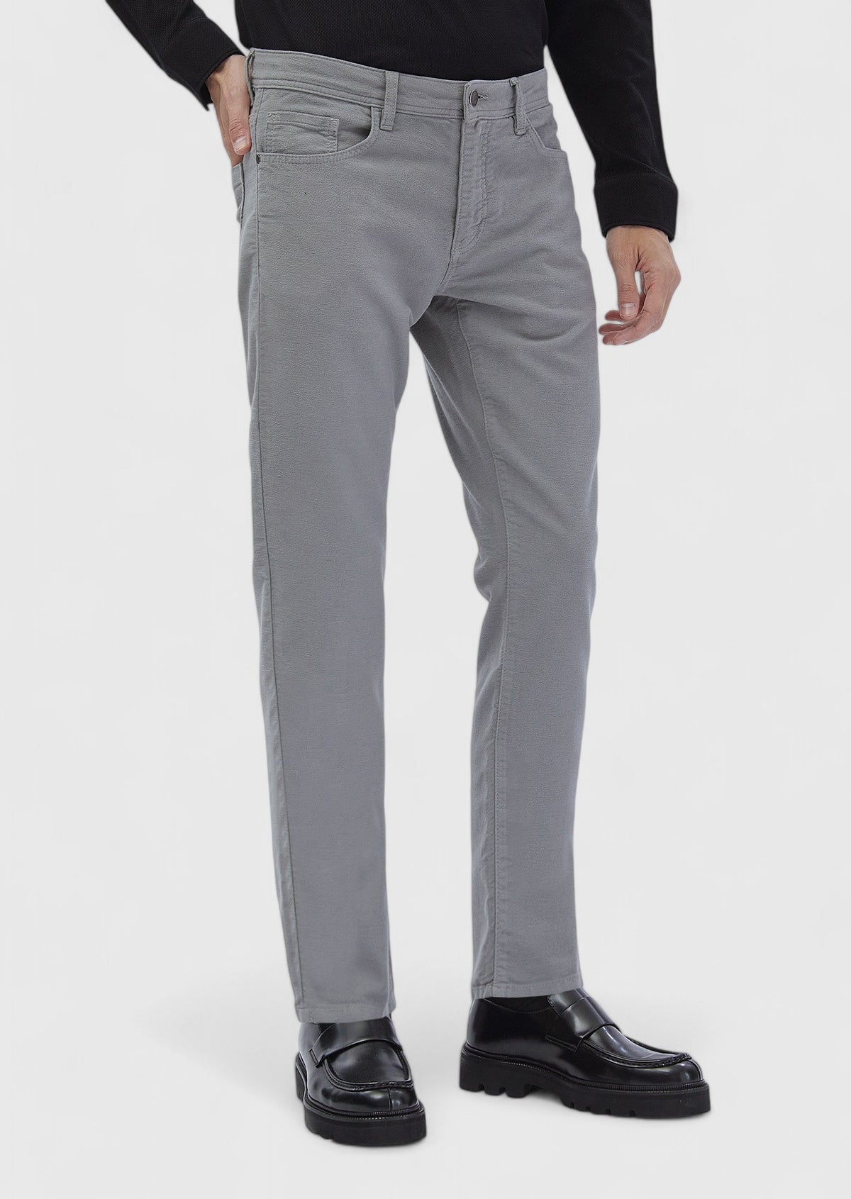 Gri Düz Dokuma Slim Fit Casual Pamuk Karışımlı Pantolon