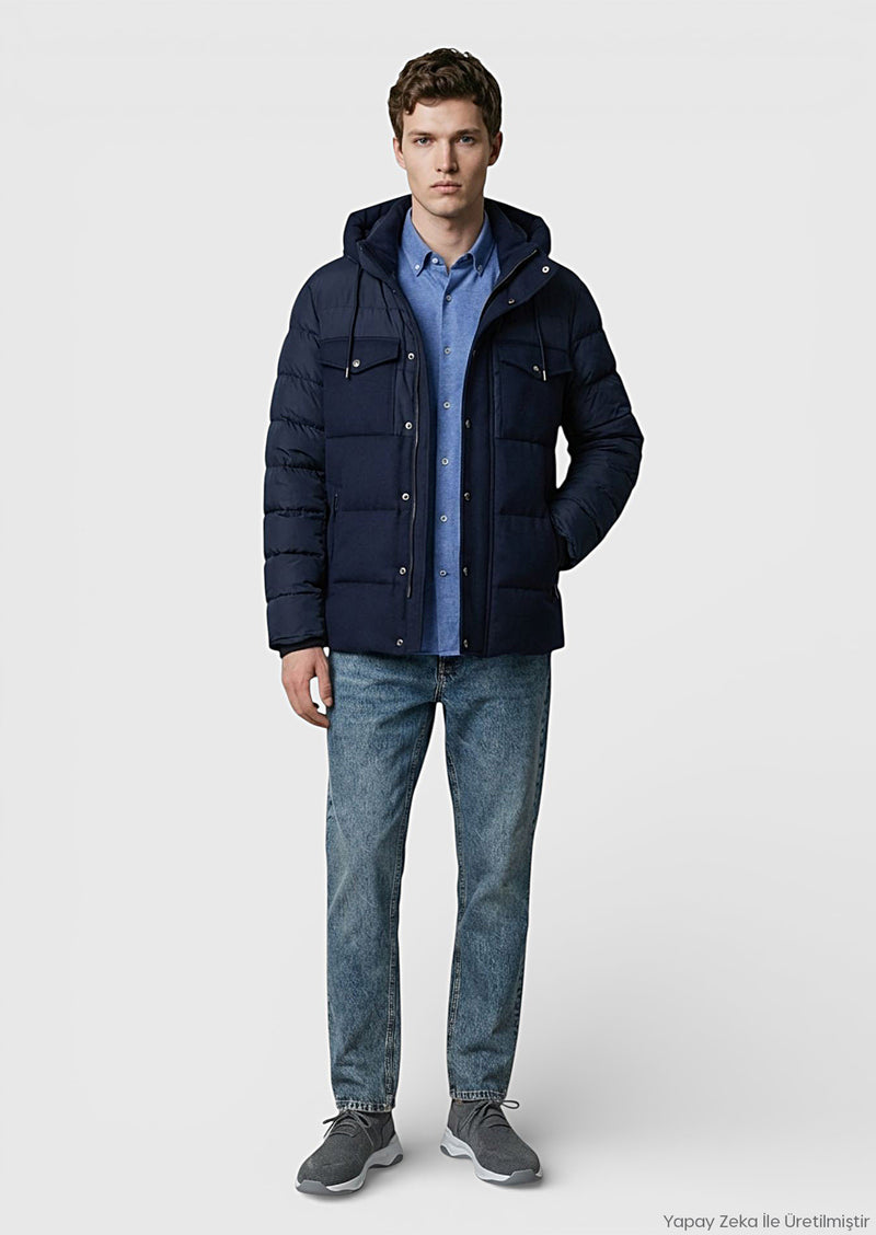 Lacivert Regular Fit Kapüşonlu Casual Dokuma Mont