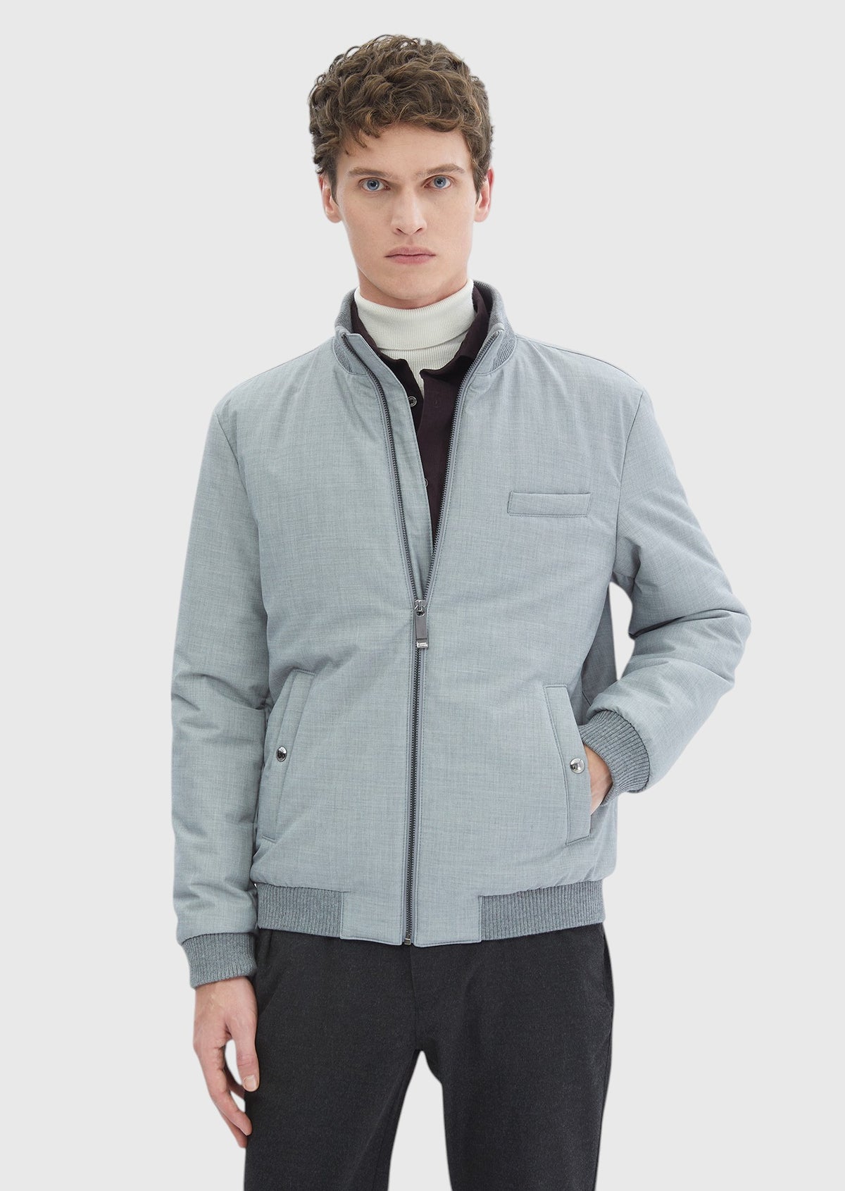Gri Regular Fit Dik Yaka Casual Dokuma Mont