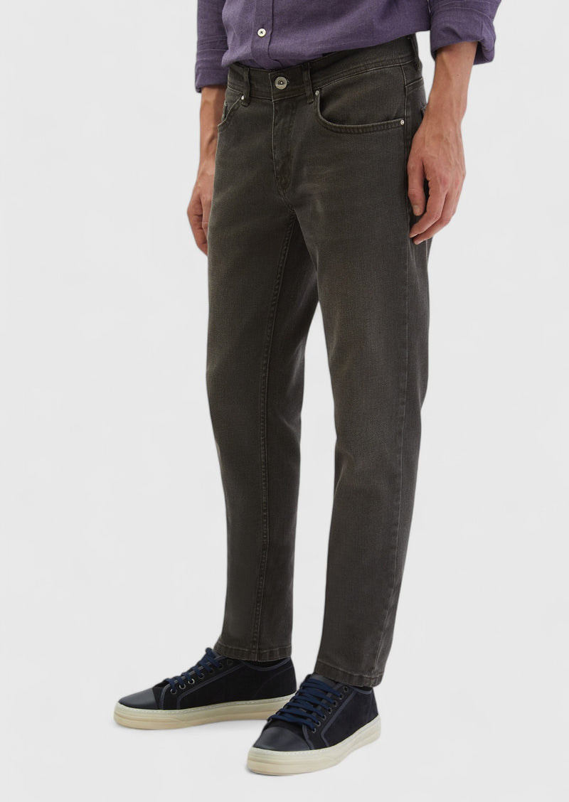 Kahverengi Düz Slim Fit Denim Pamuk Karışımlı Pantolon