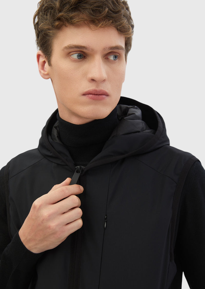 Siyah Regular Fit Kapüşonlu Casual Dokuma Spor Yelek