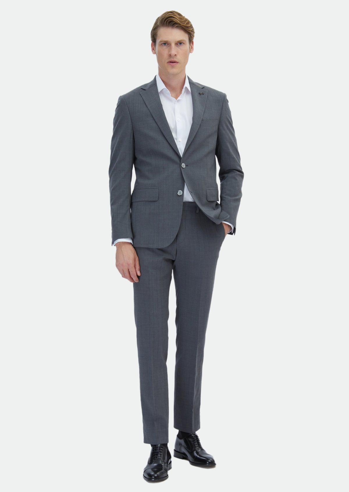 Gri Çizgili Modern Fit Yün Karışımlı Takım Elbise