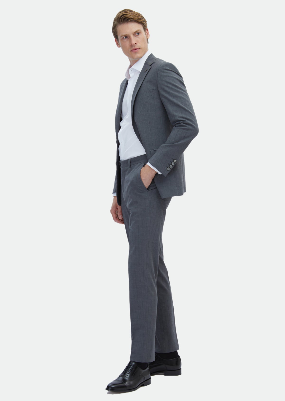 Gri Çizgili Modern Fit Yün Karışımlı Takım Elbise