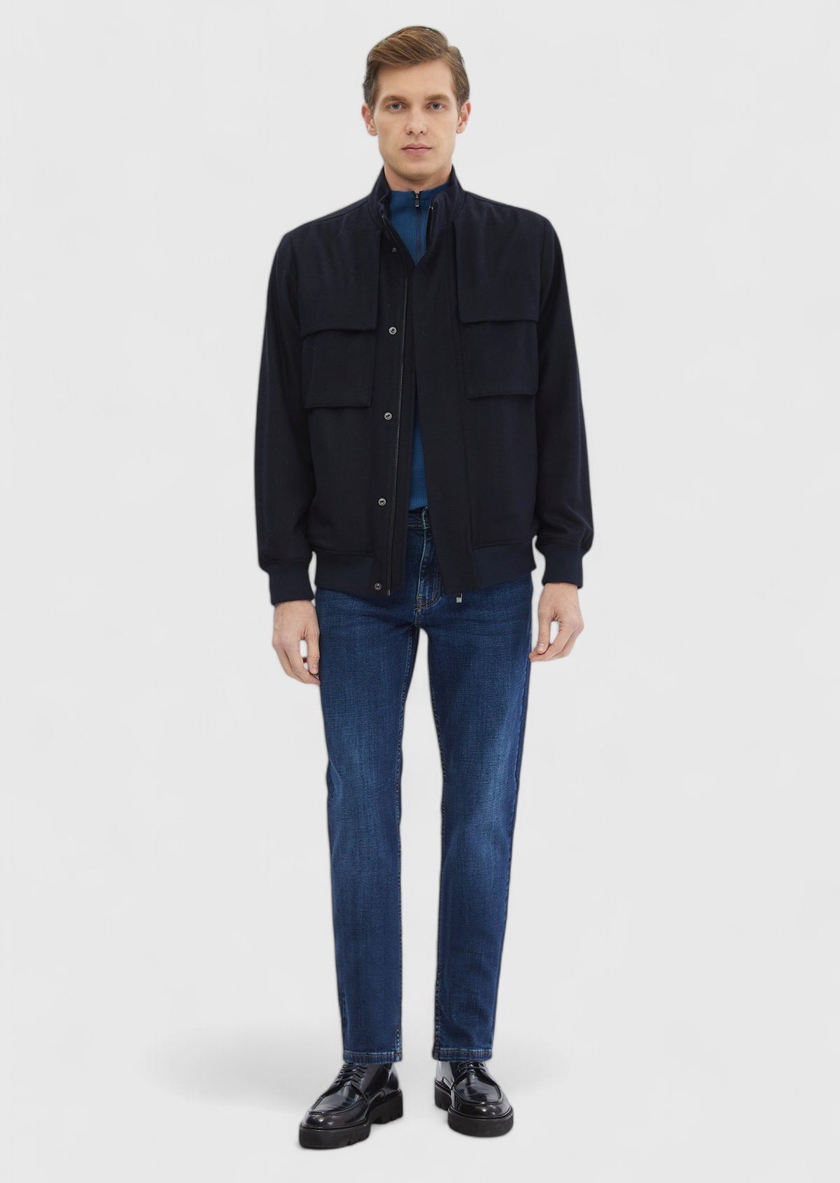 Lacivert Regular Fit Dik Yaka Casual Dokuma Mont