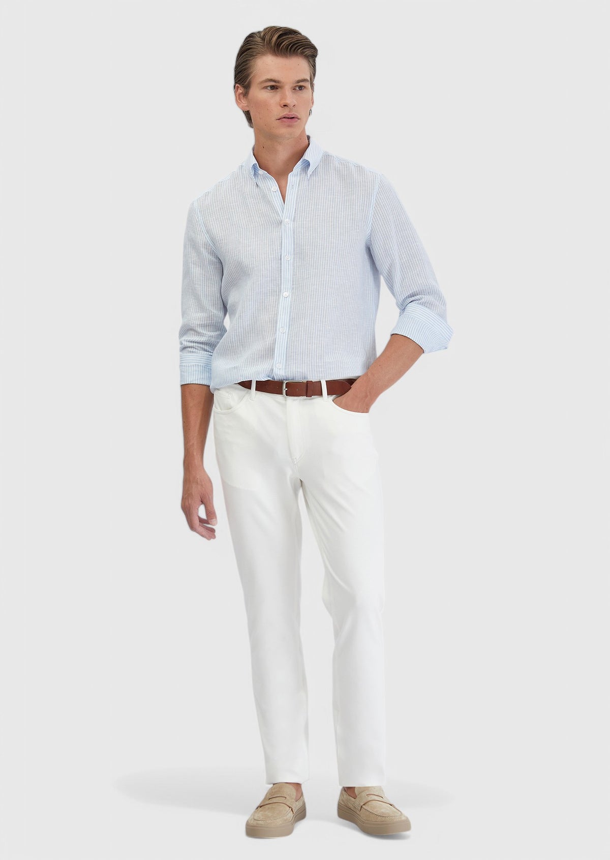 Mavi Çizgili Casual Fit Uzun Dokuma Casual %100 Keten Gömlek