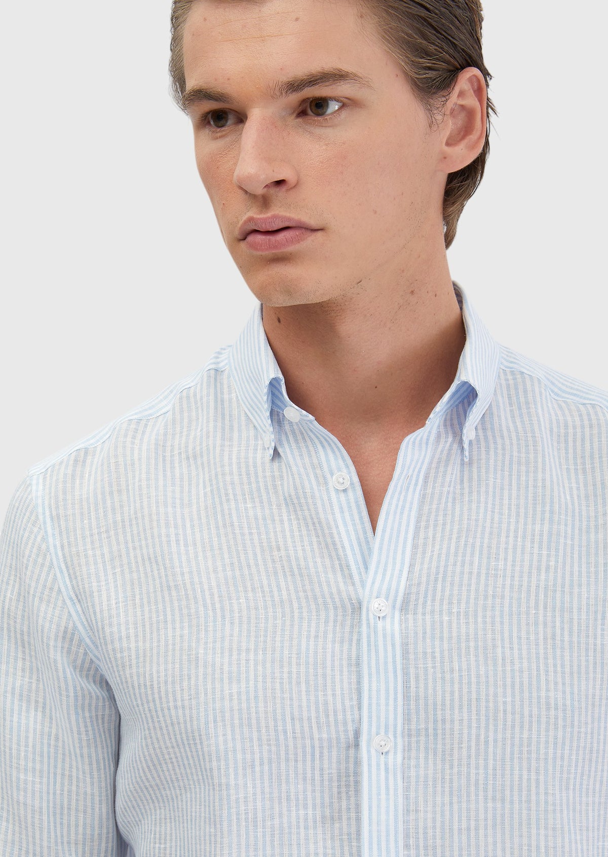 Mavi Çizgili Casual Fit Uzun Dokuma Casual %100 Keten Gömlek