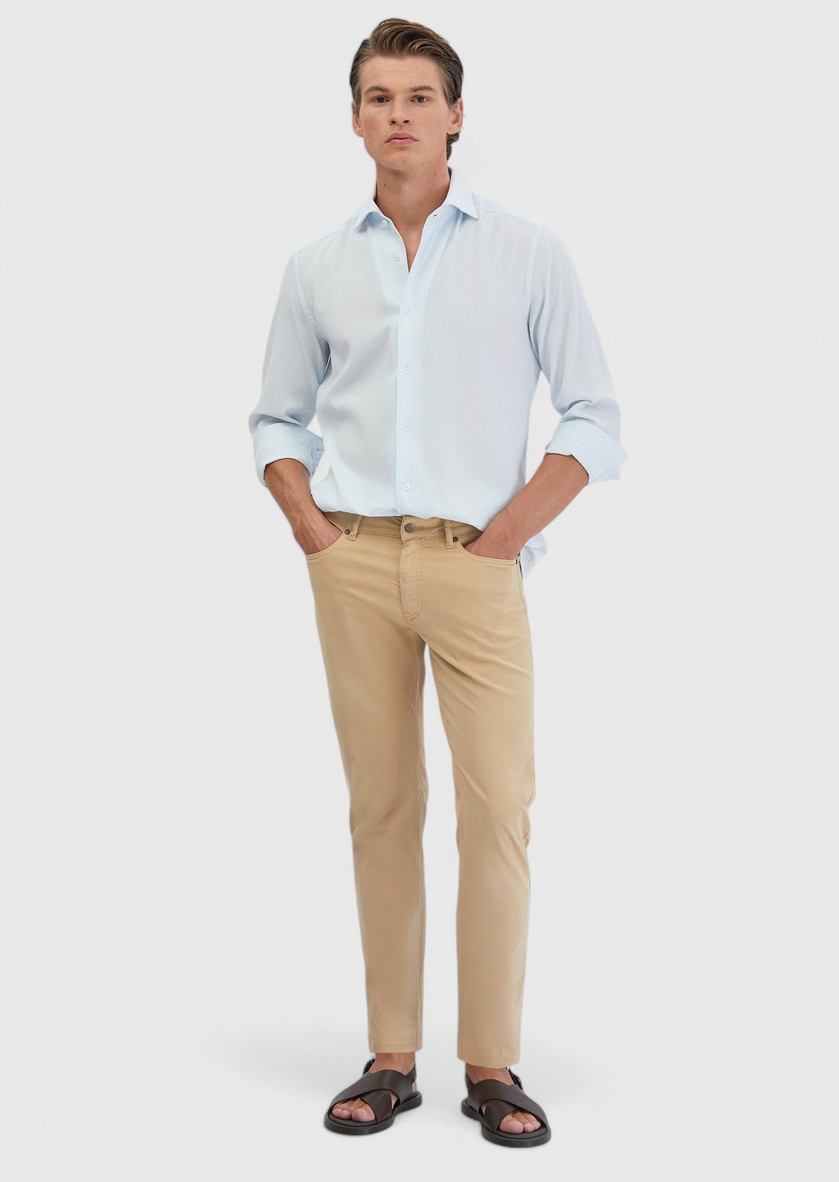 Açık Mavi Düz Casual Fit Uzun Dokuma Casual %100 Pamuk Gömlek