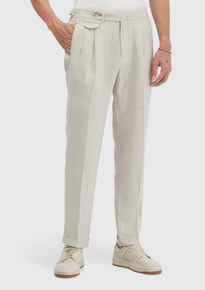 Kum Çizgili Dokuma Carrot Fit Casual %100 Keten Pantolon