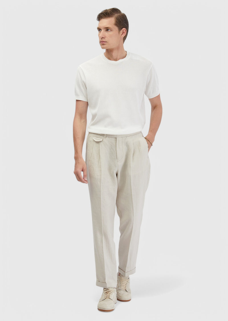 Kum Çizgili Dokuma Carrot Fit Casual %100 Keten Pantolon