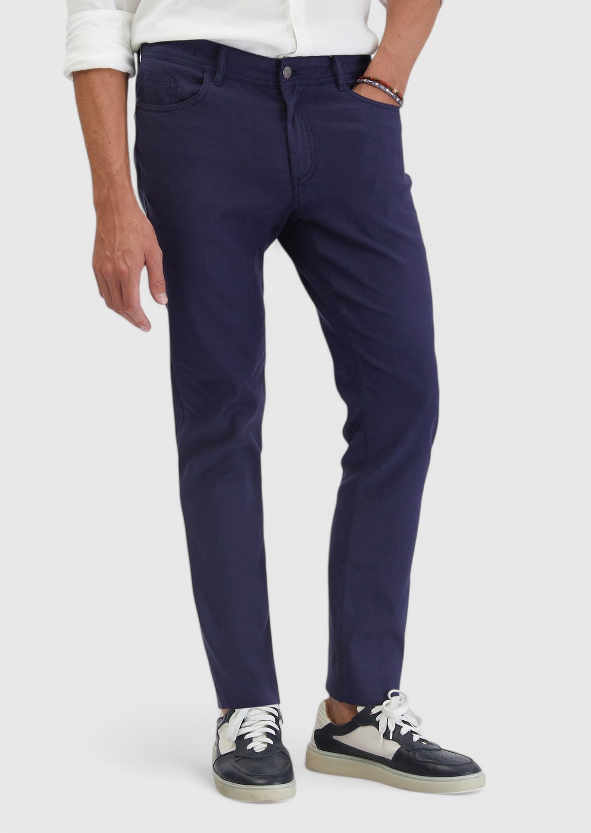 Lacivert Düz Dokuma Slim Fit Casual Keten Karışımlı Pantolon