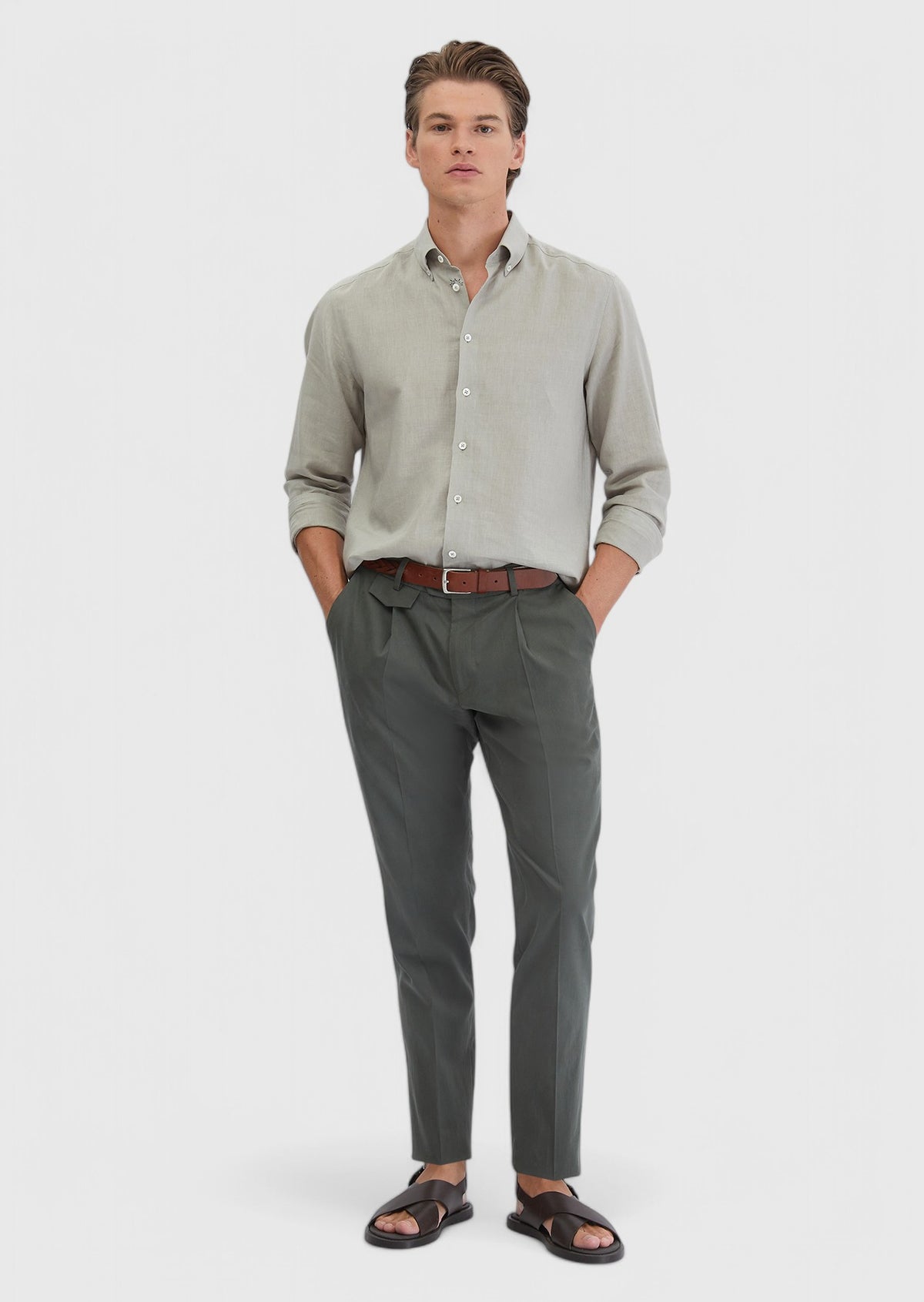 Gri Düz Casual Fit Uzun Dokuma Casual Pamuk Karışımlı Gömlek