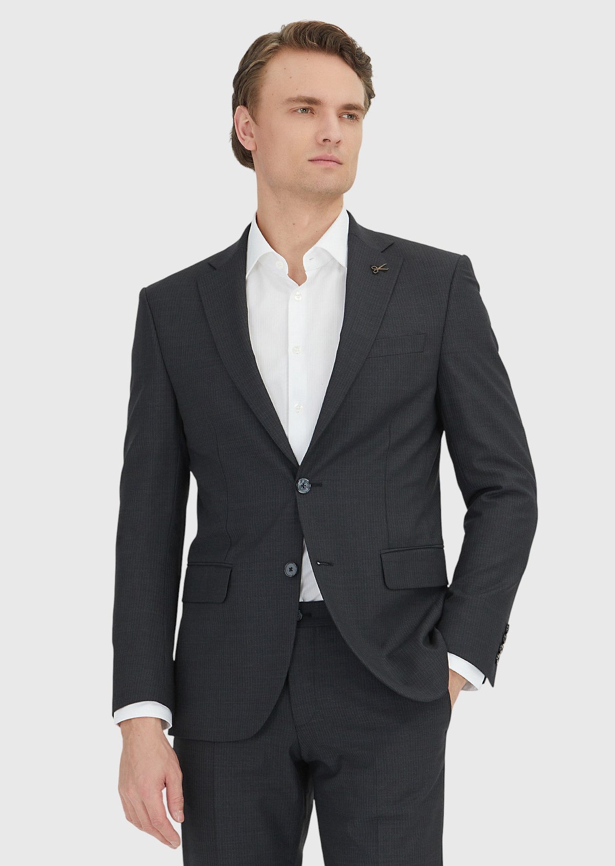 Antrasit Çizgili Modern Fit Yün Karışımlı Takım Elbise