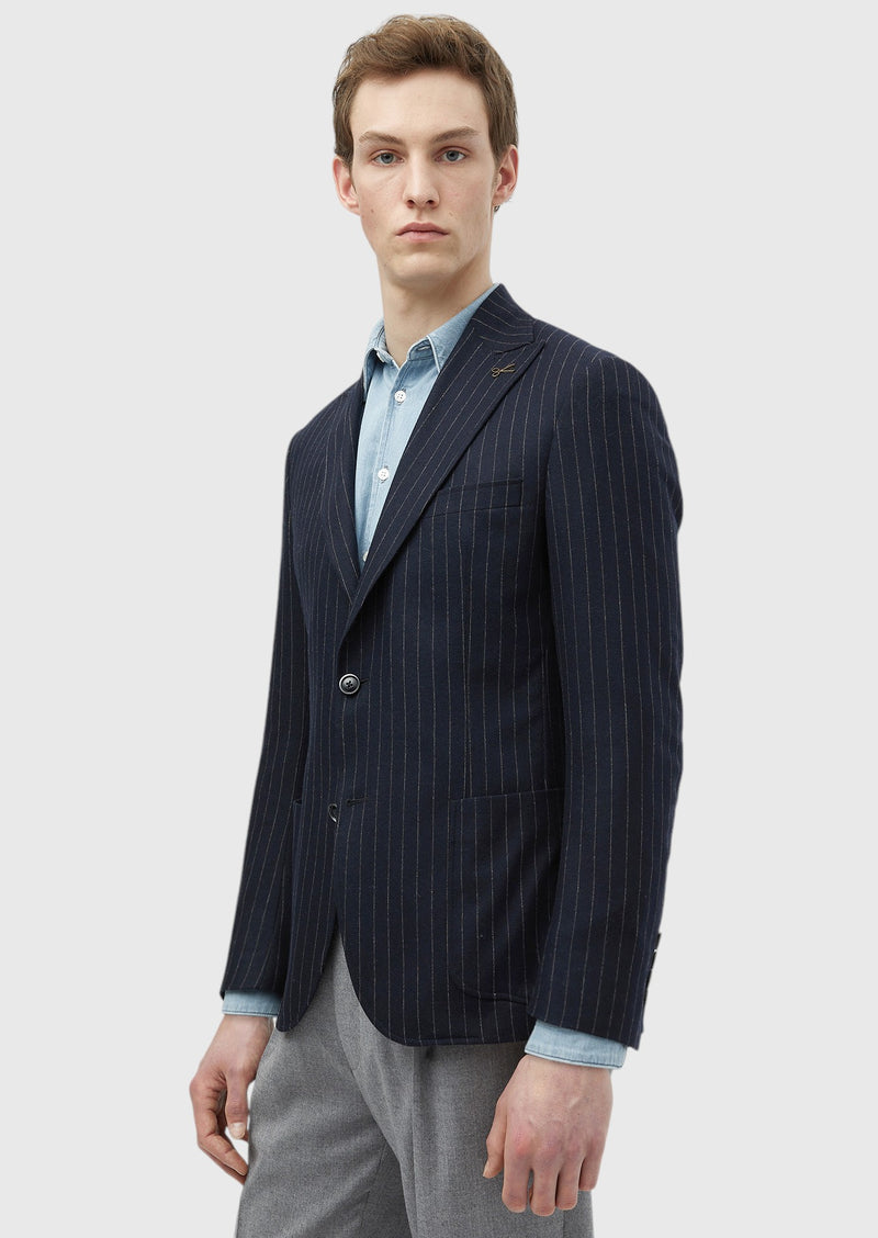 Lacivert Çizgili Zeroweight Slim Fit Yün Karışımlı Ceket