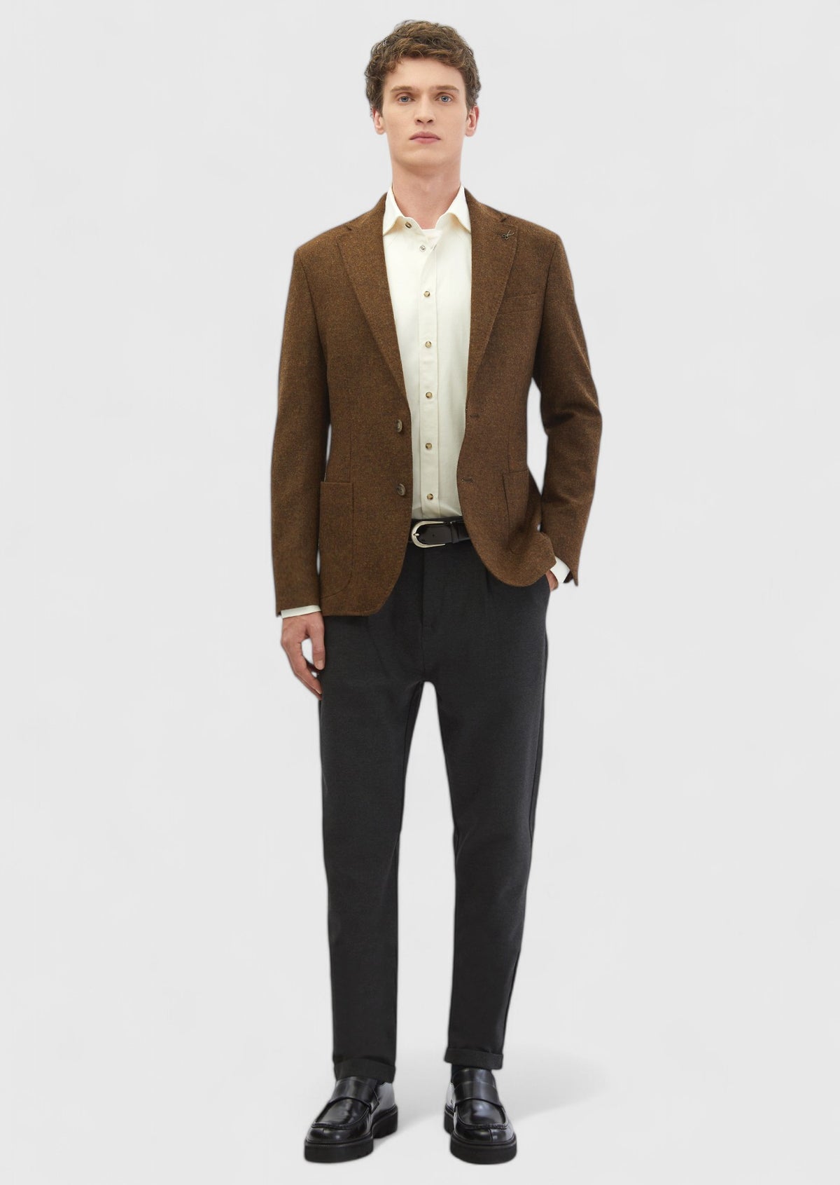 Kahverengi Düz Shirt Shoulder Slim Fit %100 Yün Ceket