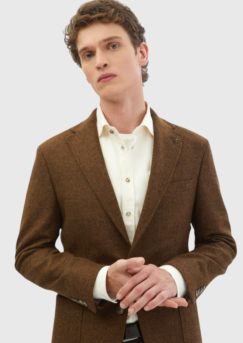 Kahverengi Düz Shirt Shoulder Slim Fit %100 Yün Ceket