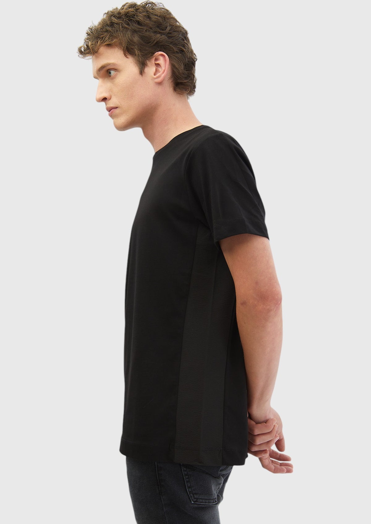 Siyah Düz Bisiklet Yaka %100 Pamuk T-Shirt