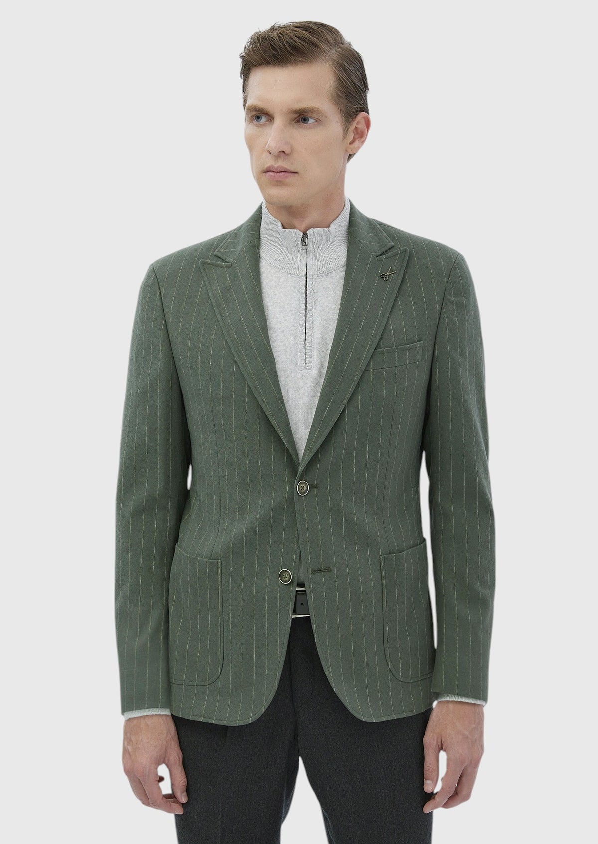 Açık Yeşil Çizgili Zeroweight Slim Fit Pamuk Karışımlı Ceket