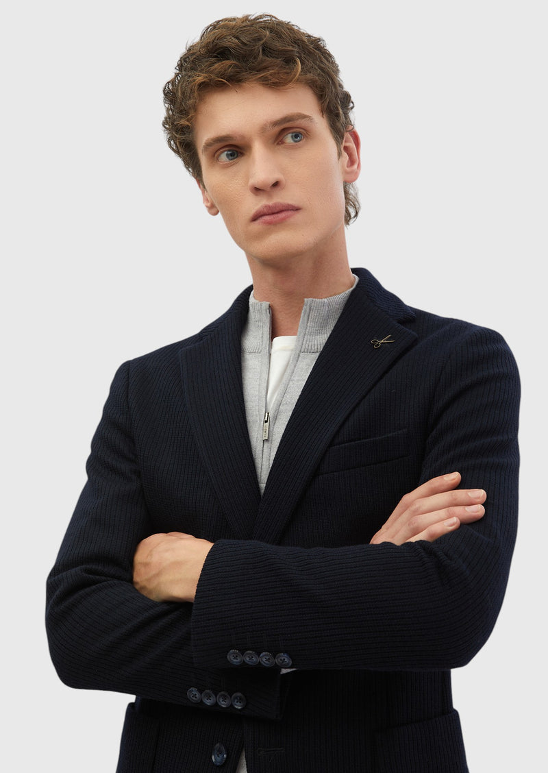 Lacivert Desenli Shirt Shoulder Slim Fit Yün Karışımlı Örme Ceket