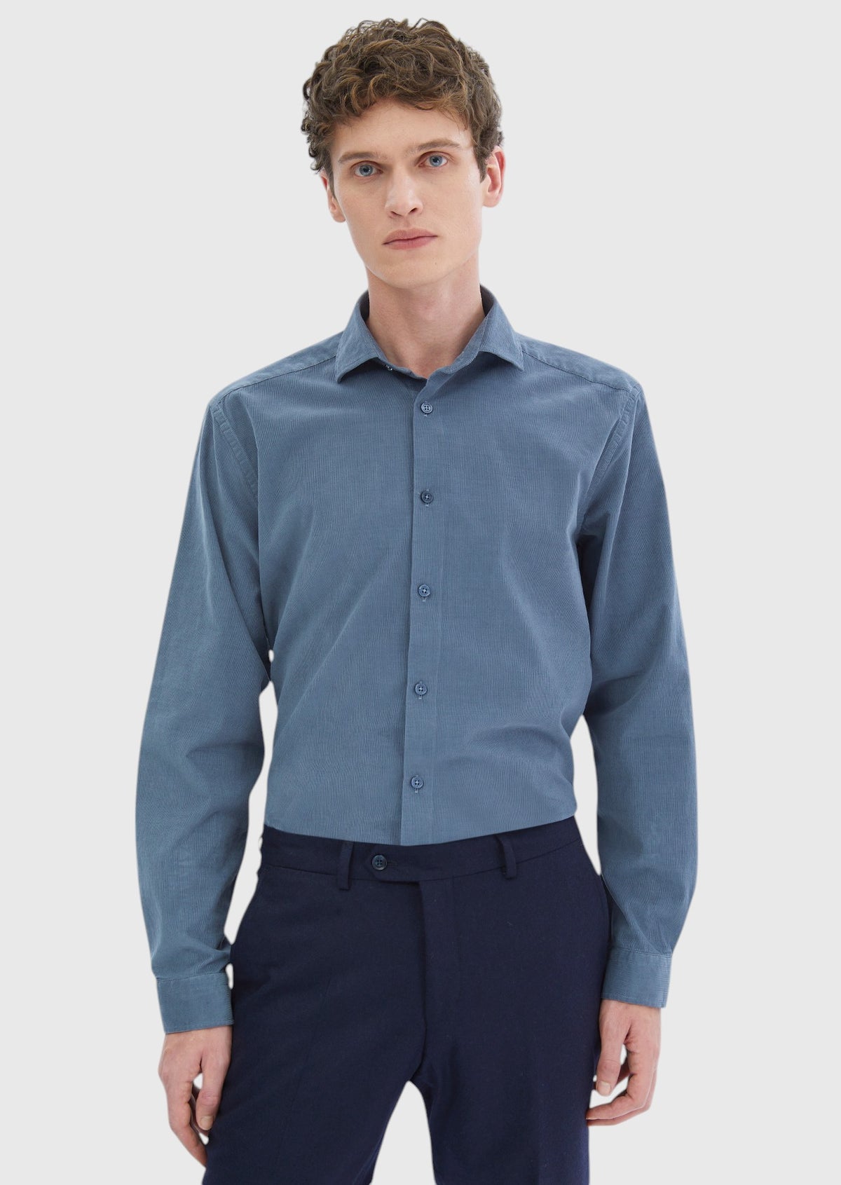 Mavi Düz Casual Fit Uzun Dokuma Kadife Casual %100 Pamuk Gömlek