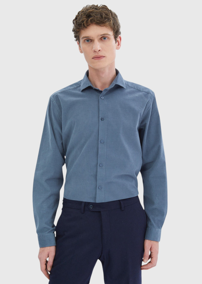 Mavi Düz Casual Fit Uzun Dokuma Kadife Casual %100 Pamuk Gömlek