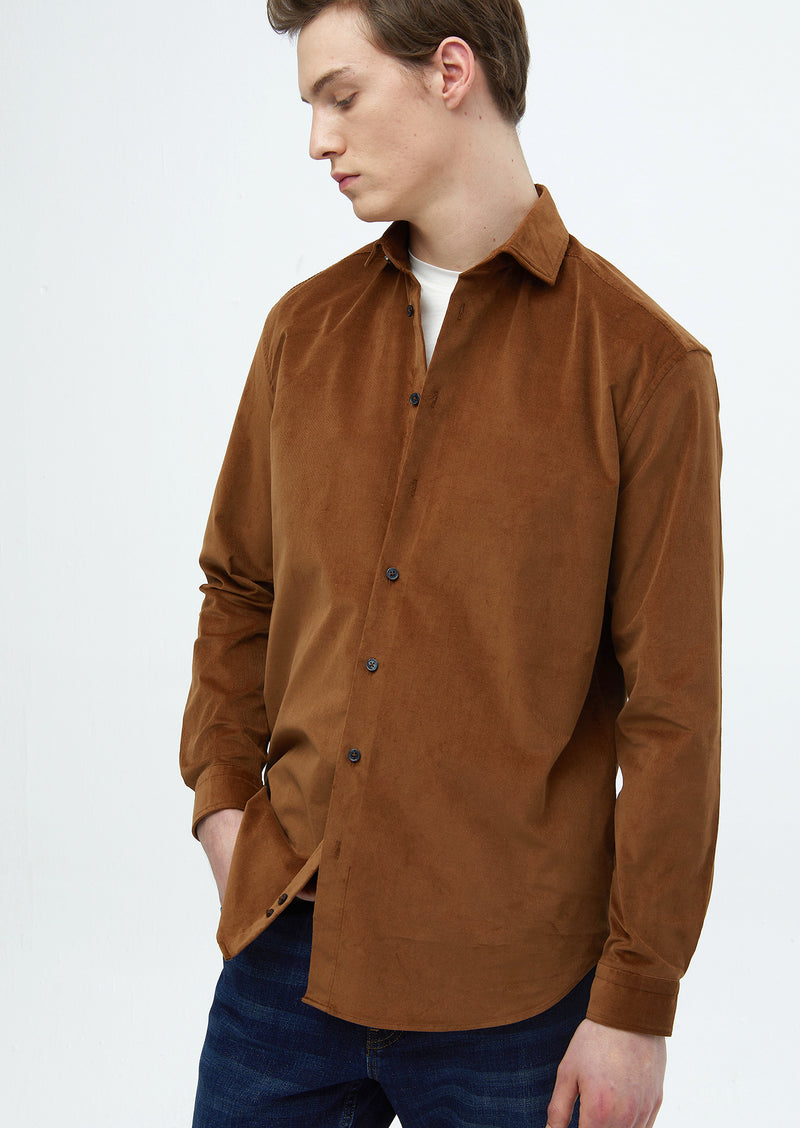 Kahverengi Düz Casual Fit Uzun Dokuma Kadife Casual %100 Pamuk Gömlek