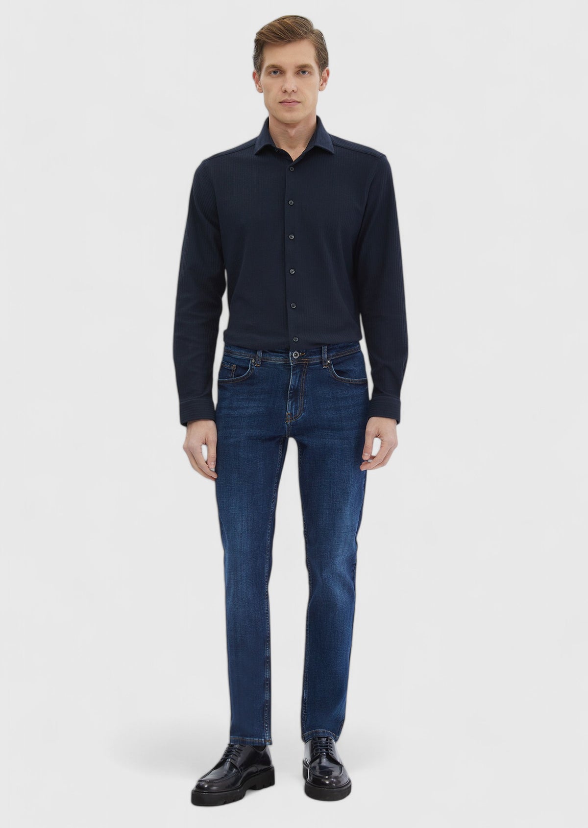 Lacivert Çizgili Casual Fit Uzun Casual %100 Pamuk Gömlek