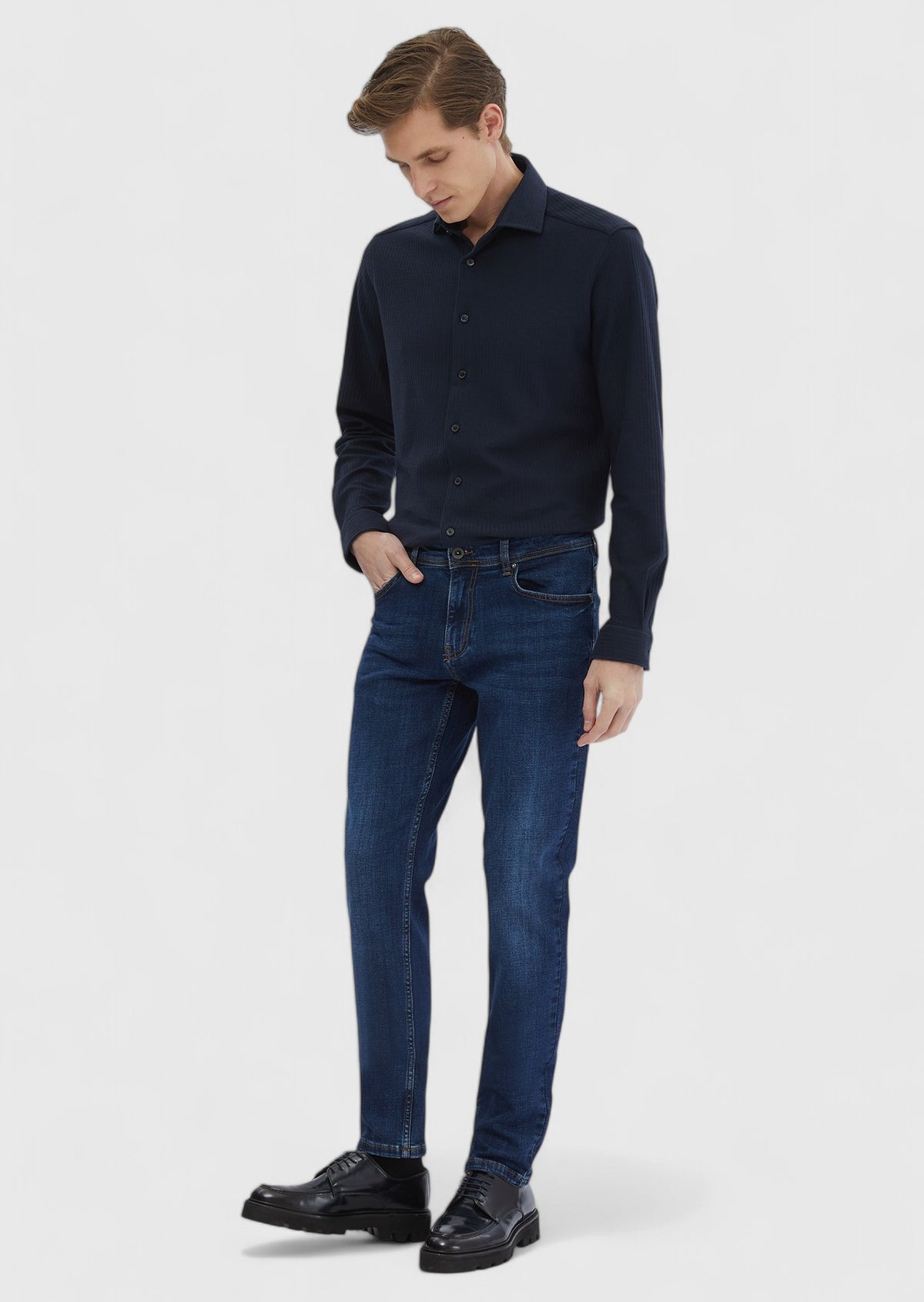 Lacivert Çizgili Casual Fit Uzun Casual %100 Pamuk Gömlek