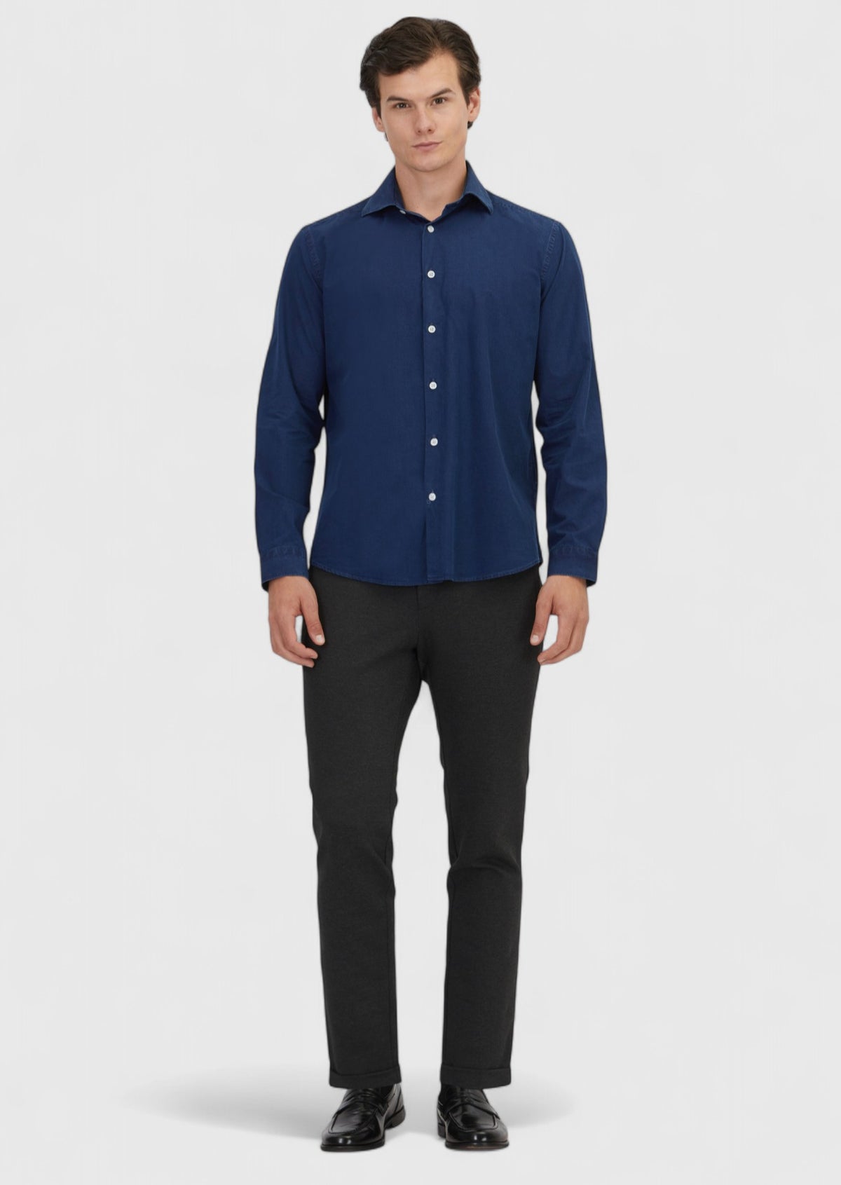 İndigo Düz Casual Fit Uzun Dokuma Casual %100 Pamuk Gömlek