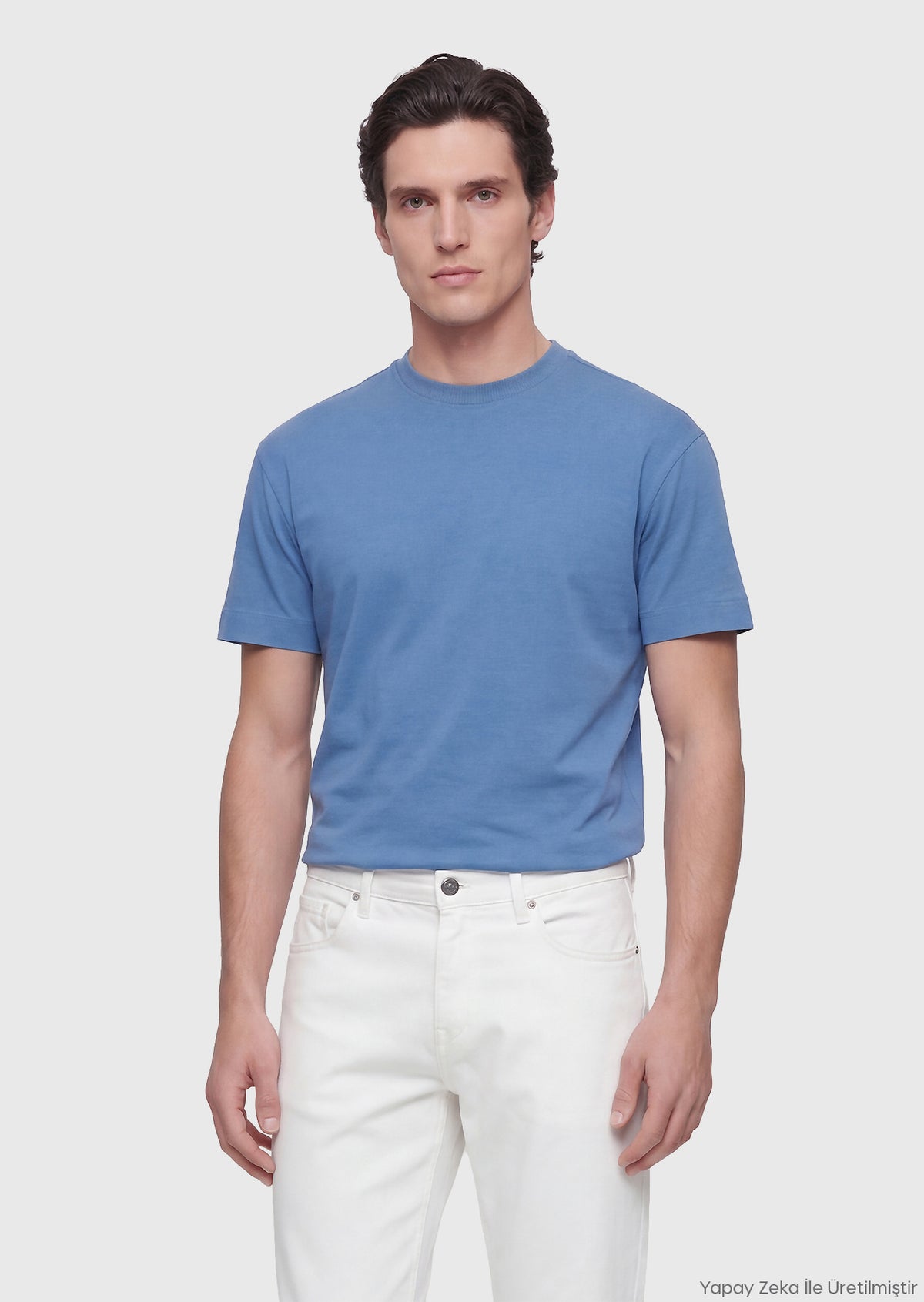 Mavi Düz Bisiklet Yaka %100 Pamuk T-Shirt