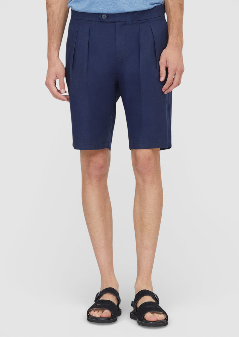 Lacivert Düz Dokuma Carrot Fit Casual %100 Keten Bermuda