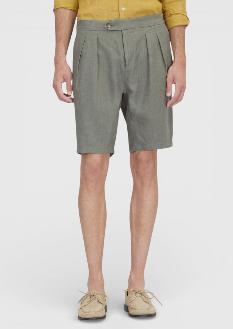 Haki Düz Dokuma Carrot Fit Casual %100 Keten Bermuda