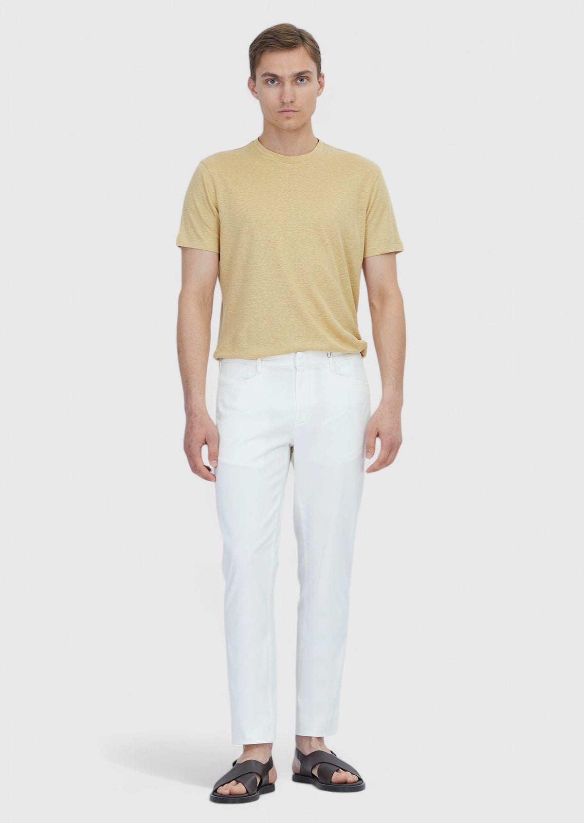 Safran Düz Bisiklet Yaka %100 Keten T-Shirt