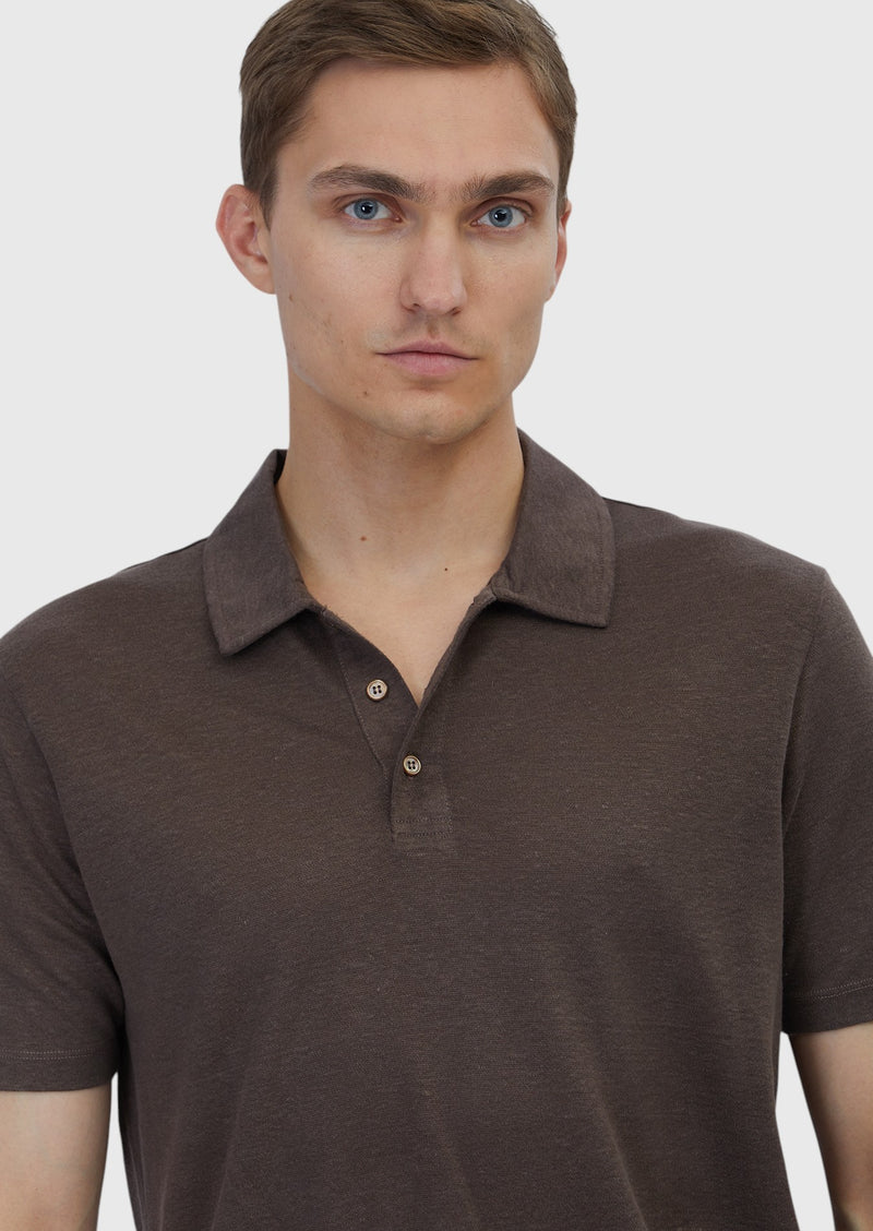 Kahverengi Düz Polo Yaka %100 Keten T-Shirt