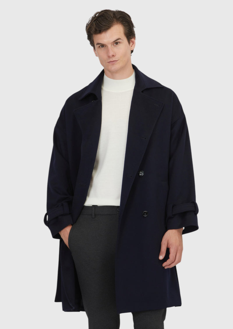 Lacivert Oversize Fit Kruvaze Yaka Casual Dokuma Palto