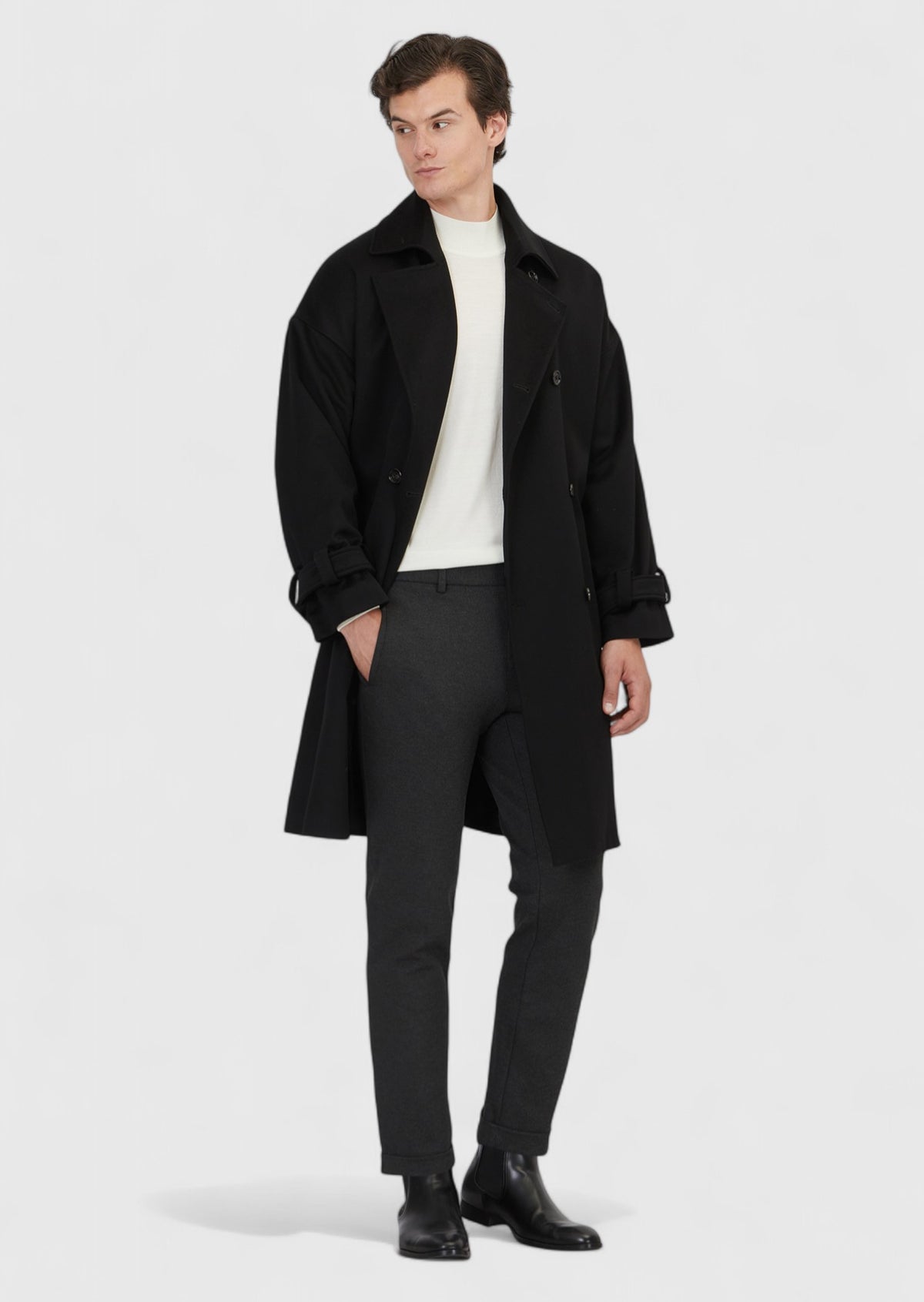 Siyah Oversize Fit Kruvaze Yaka Casual Dokuma Palto