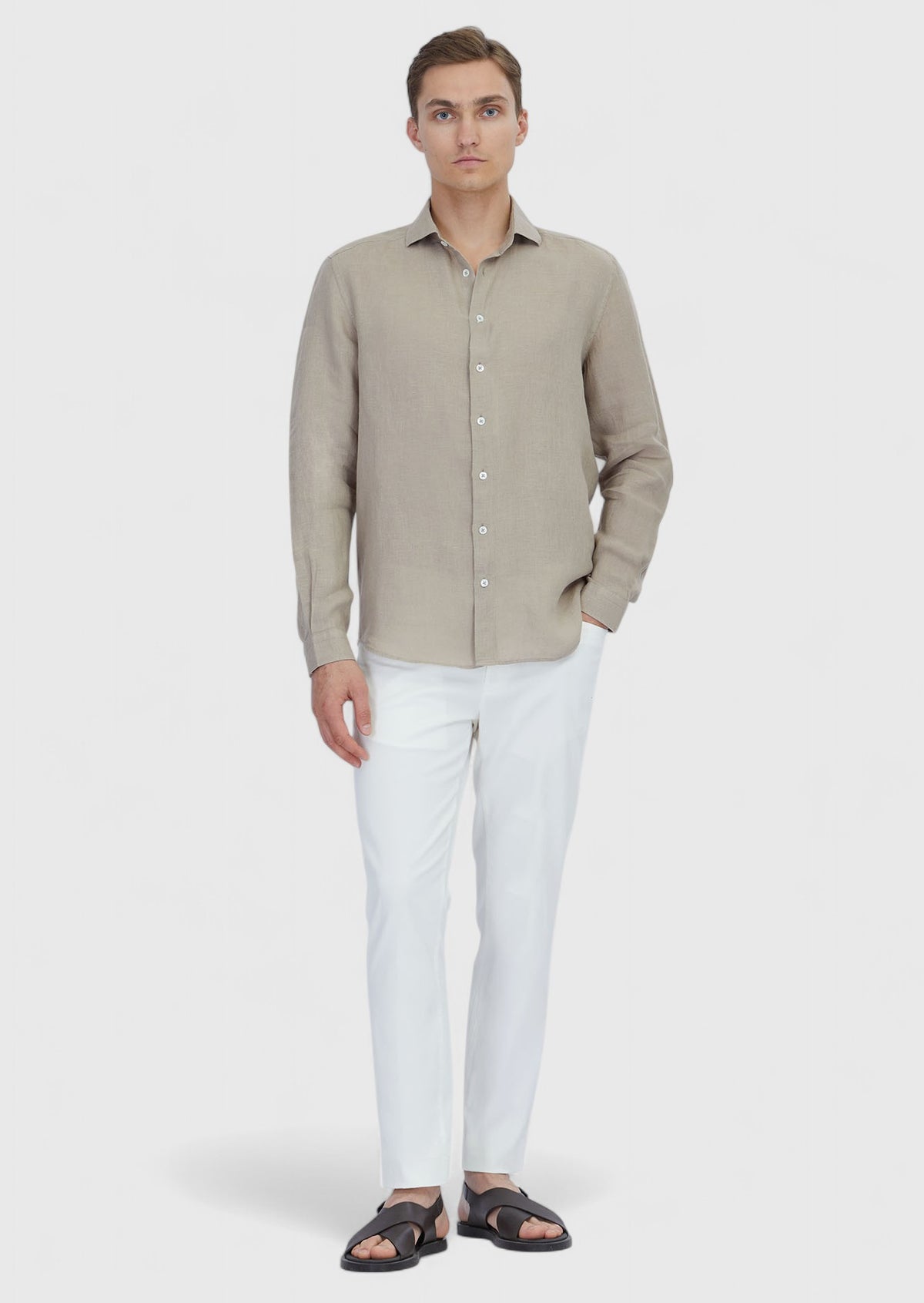 Vizon Düz Casual Fit Uzun Dokuma Casual %100 Keten Gömlek