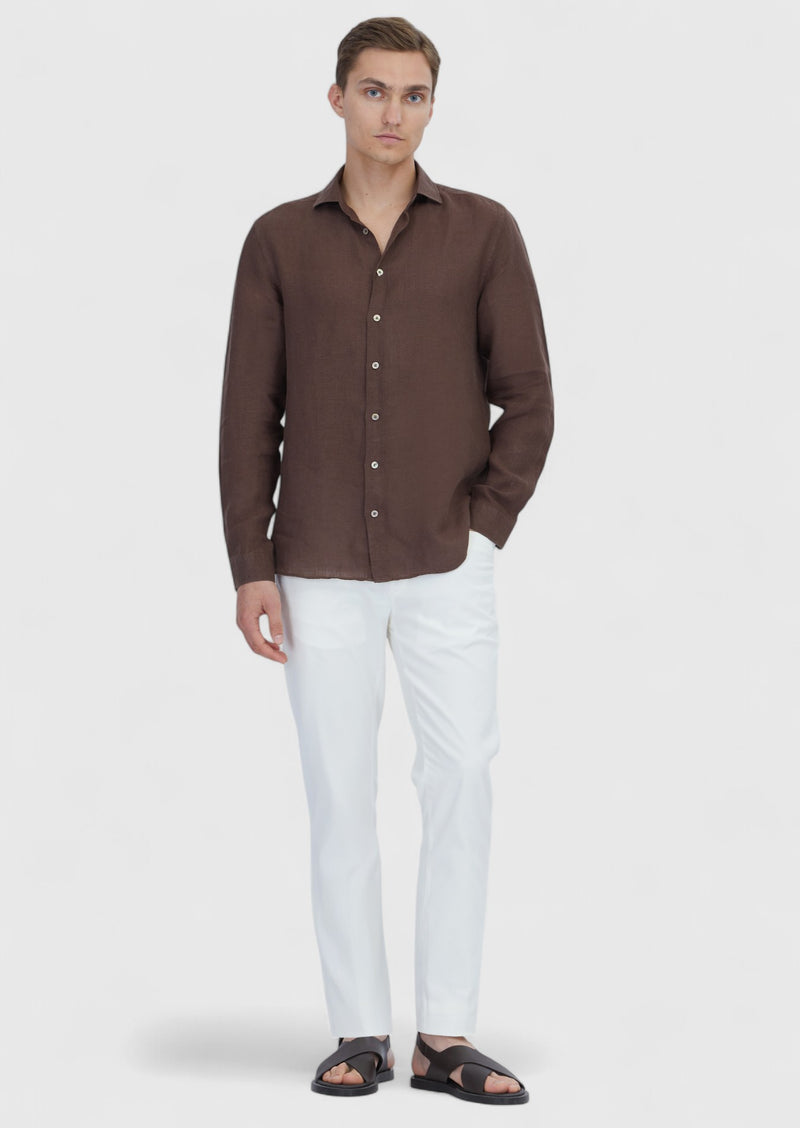 Kahverengi Düz Casual Fit Uzun Dokuma Casual %100 Keten Gömlek