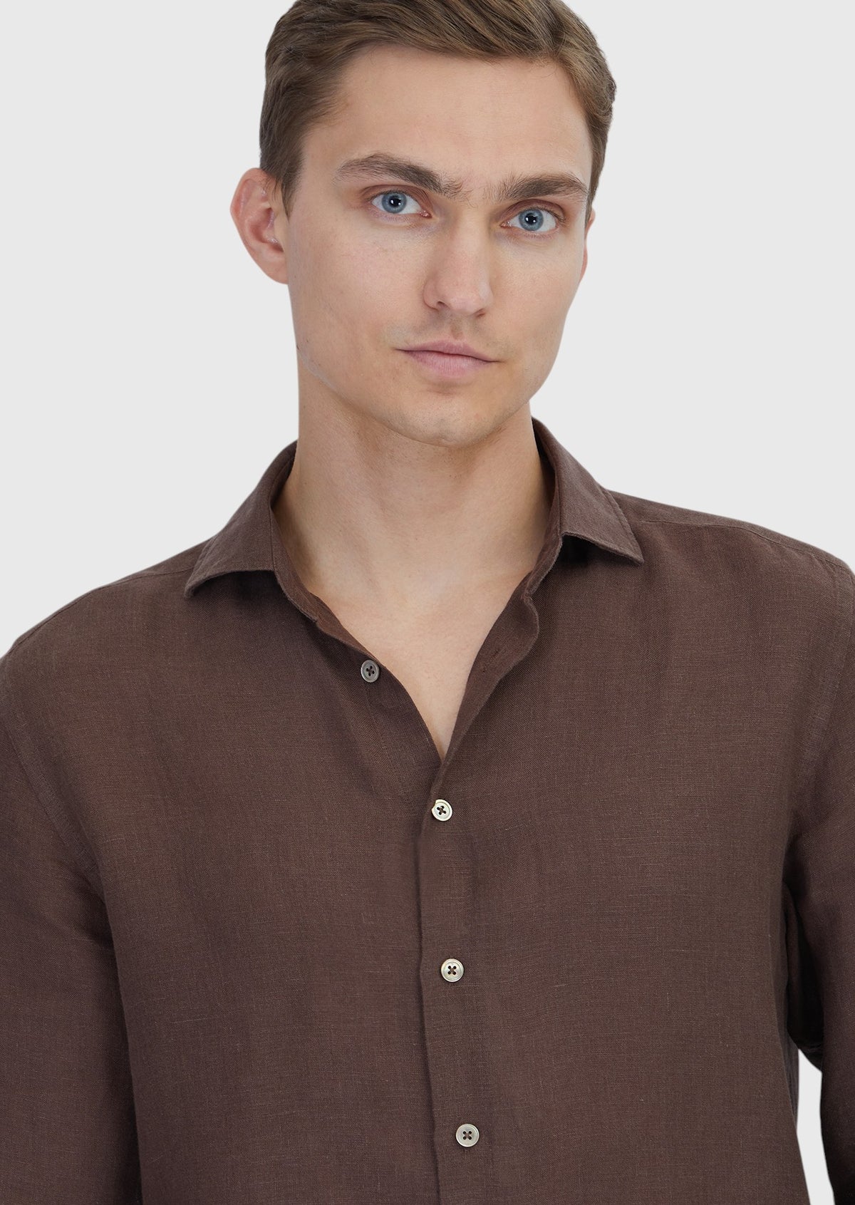 Kahverengi Düz Casual Fit Uzun Dokuma Casual %100 Keten Gömlek