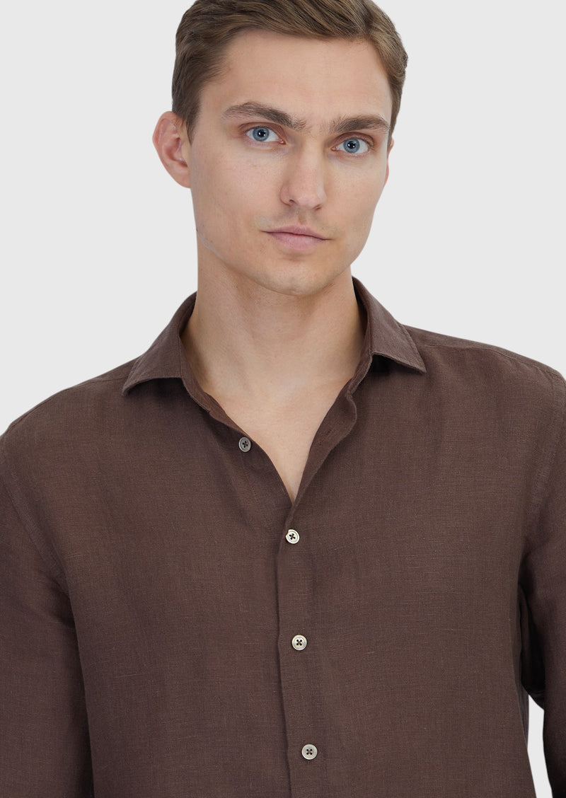 Kahverengi Düz Casual Fit Uzun Dokuma Casual %100 Keten Gömlek