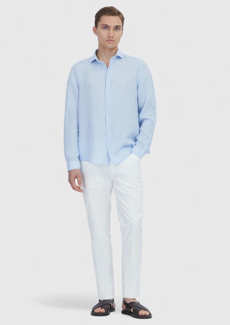 Mavi Düz Casual Fit Uzun Dokuma Casual %100 Keten Gömlek