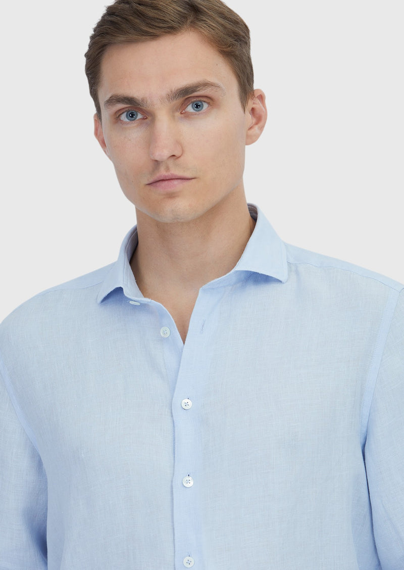 Mavi Düz Casual Fit Uzun Dokuma Casual %100 Keten Gömlek