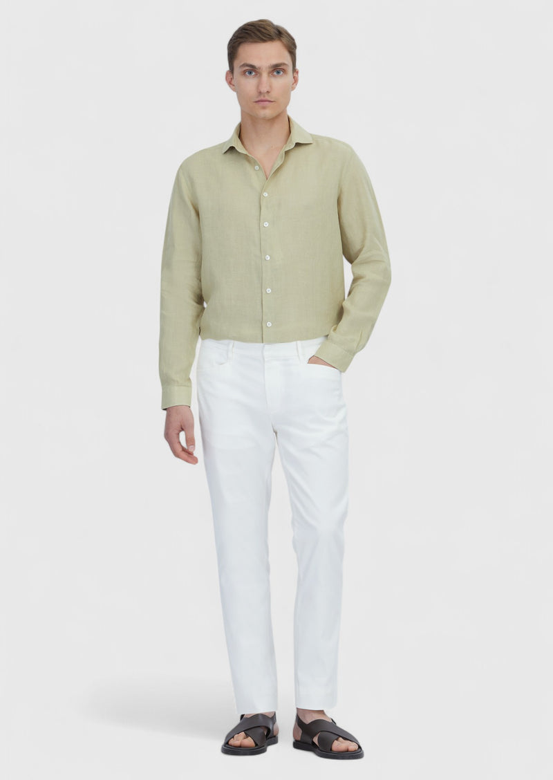 Açık Yeşil Düz Casual Fit Uzun Dokuma Casual %100 Keten Gömlek