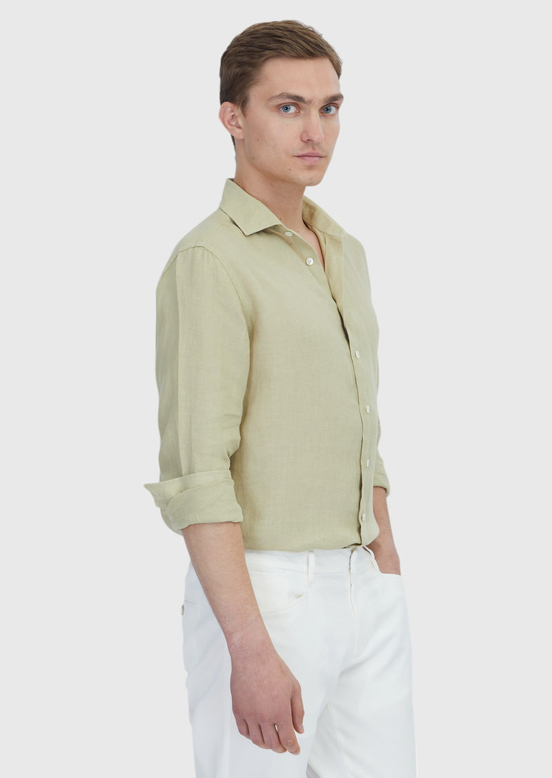 Açık Yeşil Düz Casual Fit Uzun Dokuma Casual %100 Keten Gömlek