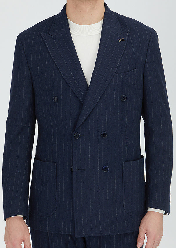 Lacivert Çizgili Shirt Shoulder Slim Fit Yün Karışımlı Ceket