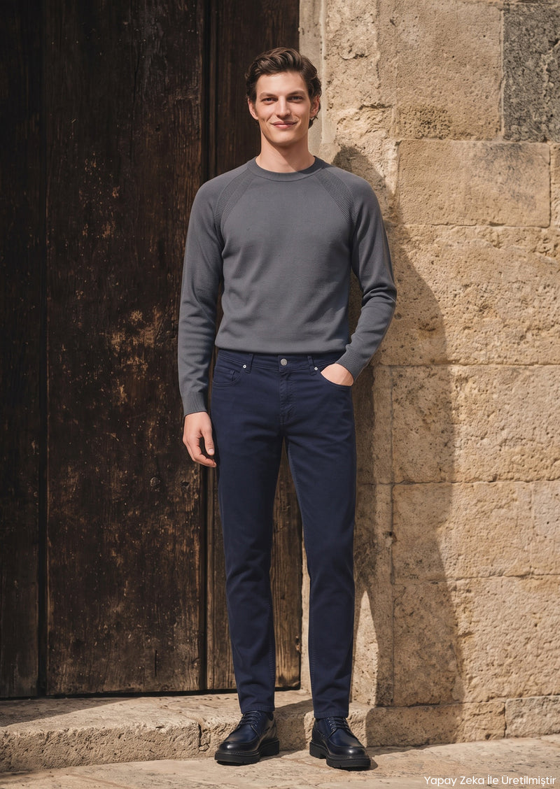 Lacivert Dokuma Slim Fit Casual Pamuk Karışımlı Pantolon