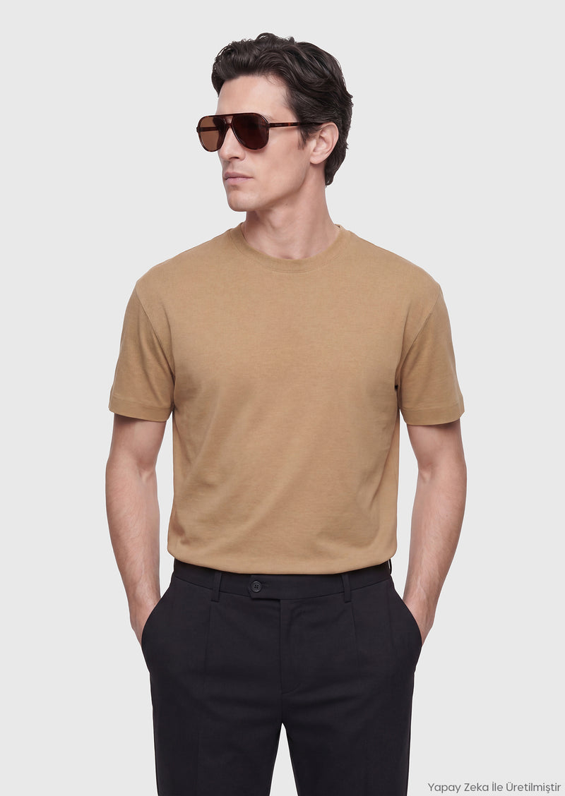 Zeytin Yeşili Düz Bisiklet Yaka %100 Pamuk T-Shirt